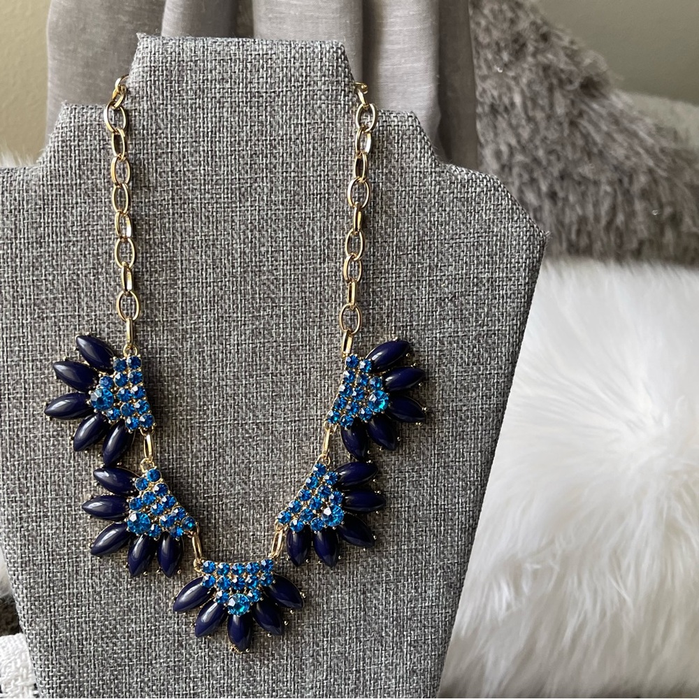 J. CREW | Navy Indigo Blue Royal Blue Crystals Flower Fringe  Statement Necklace